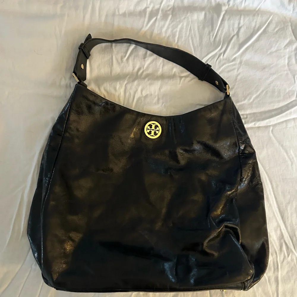Tory Burch Dena Black Glazed Leather Hobo Shoulder Bag